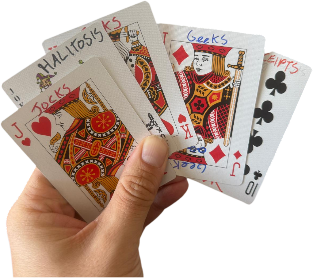 A hand of hand-labelled prototype REJECTS cards