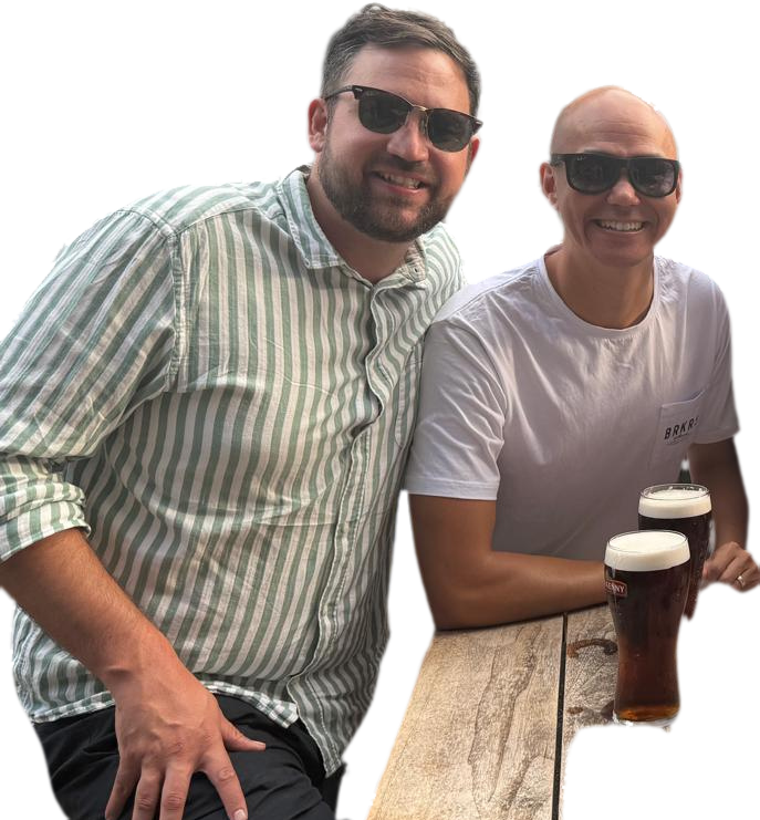 Mark McKenzie and Harry Collins, the two mates behind REJECTS, with a pint each
